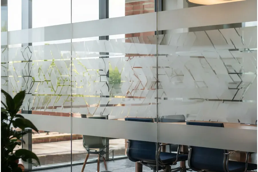 Decorative frosted film on interior glass office doors