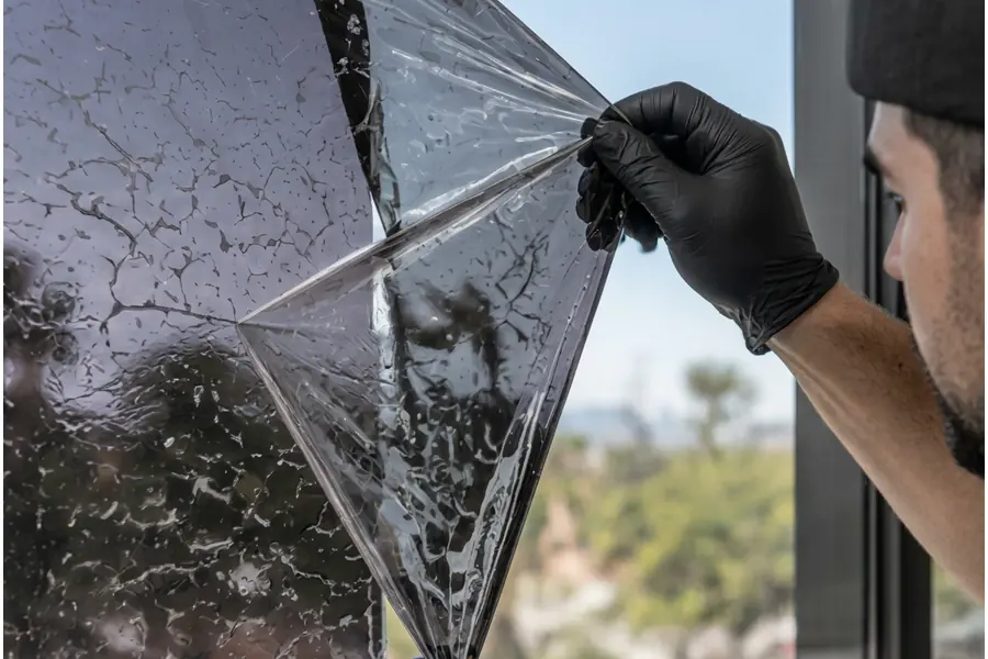 Installer scraping old purple window tint off glass