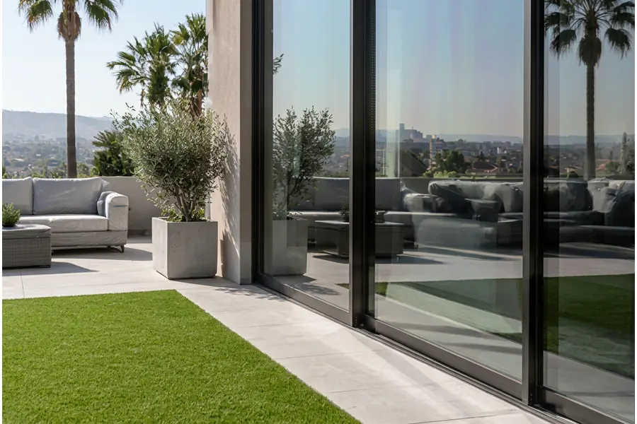 Home with artificial turf lawn beside large windows